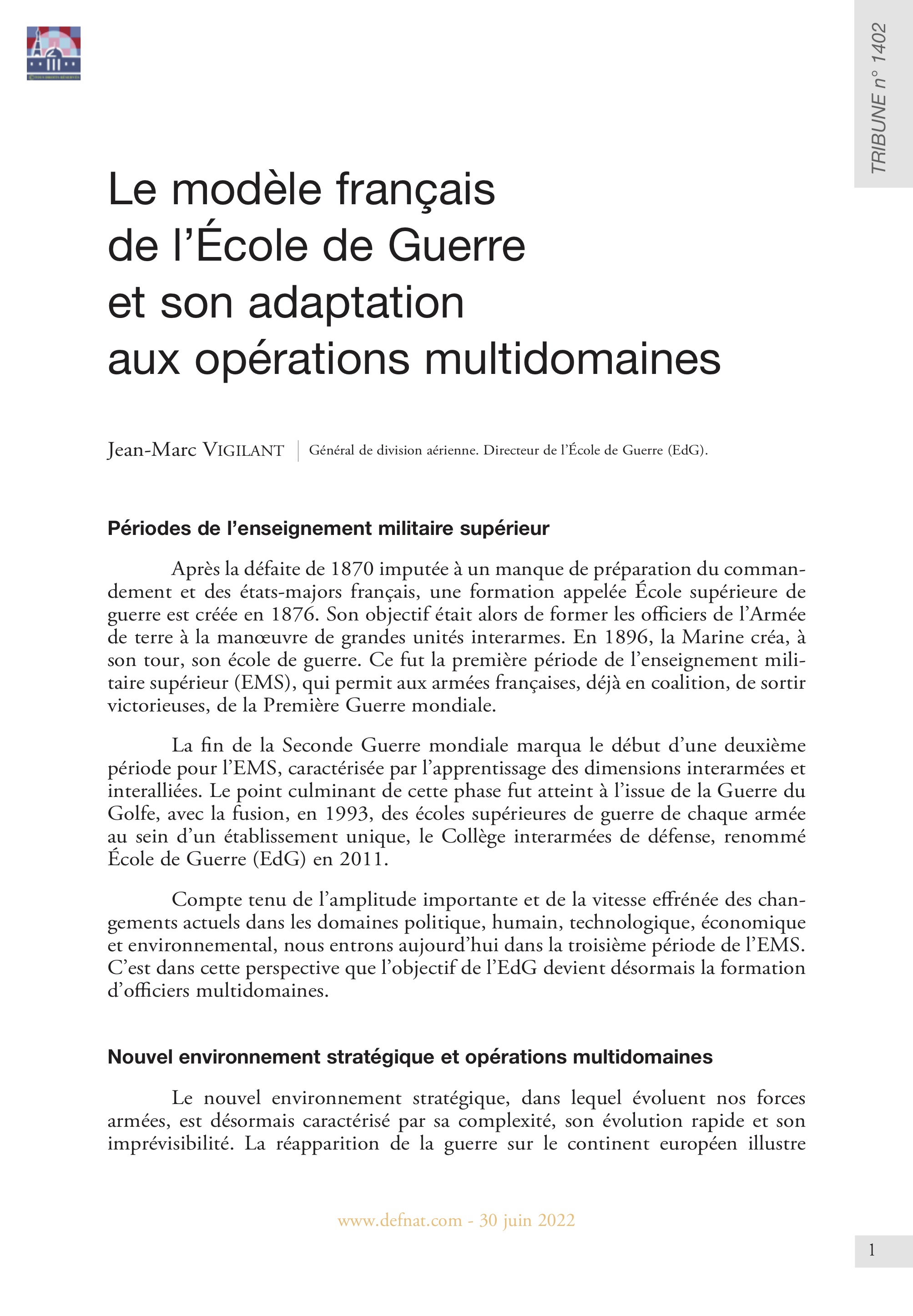 Le modèle français de l’École de Guerre et son adaptation aux opérations multidomaines (T 1402)
